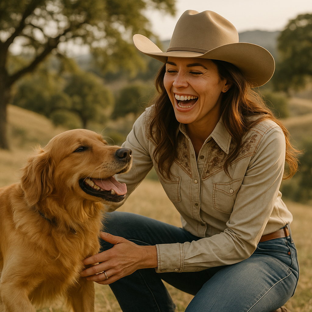 can you make it less posed and more informal  maybe shes playing with a dog. The background is rolling california oakwoodlands 